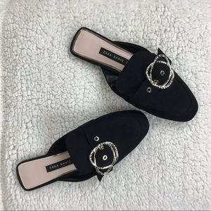 Zara Flat Mules Black w/ Gold Buckle